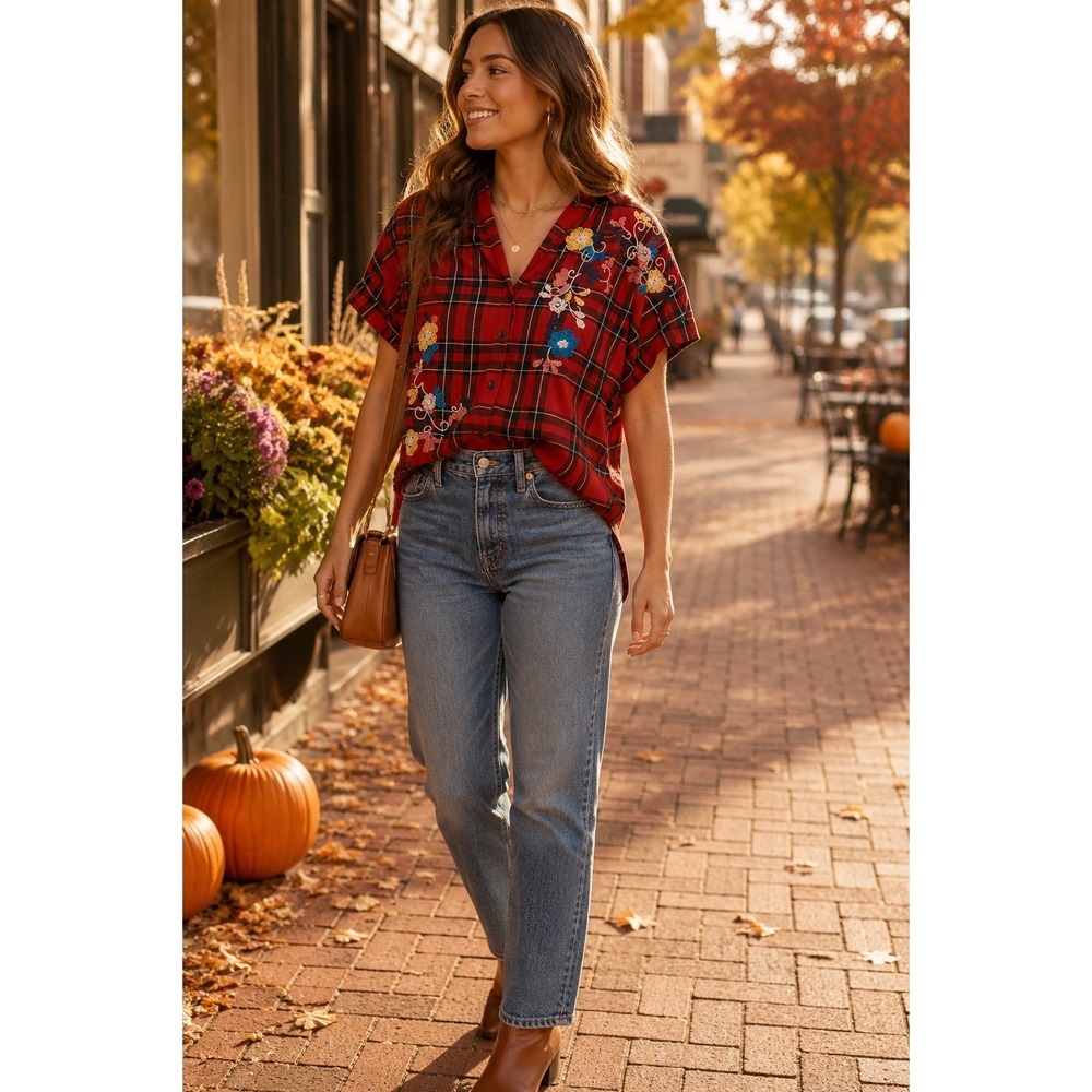 Madewell Embroidered Central Shirt in Dahl Plaid Red Floral Cotton Top H2413‎ S
